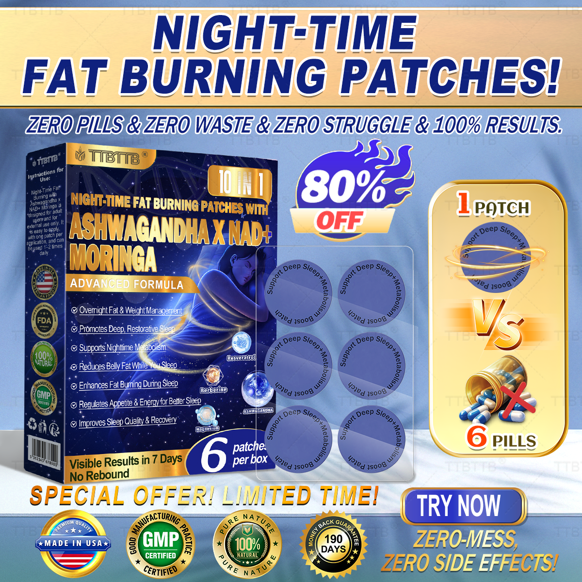 NIGHT-TIME FAT BURNING PATCHES! ZERO PILLS & ZERO WASTE & ZERO STRUGGLE & 100% RESULTS.